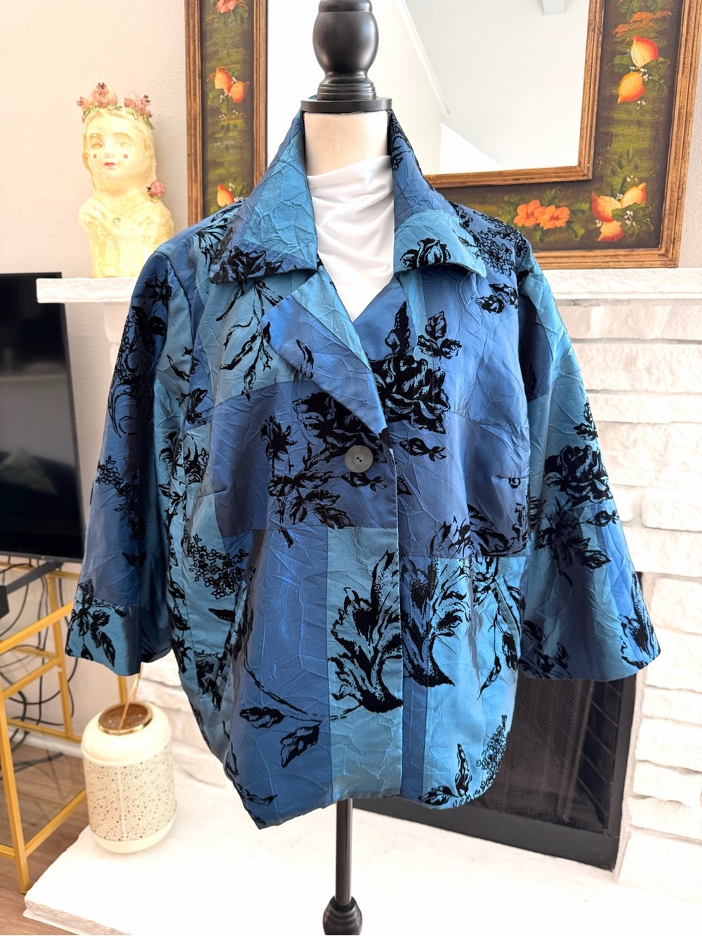 Susan Graver Style 3X Blue Black Velvet Floral Patchwork Jacket